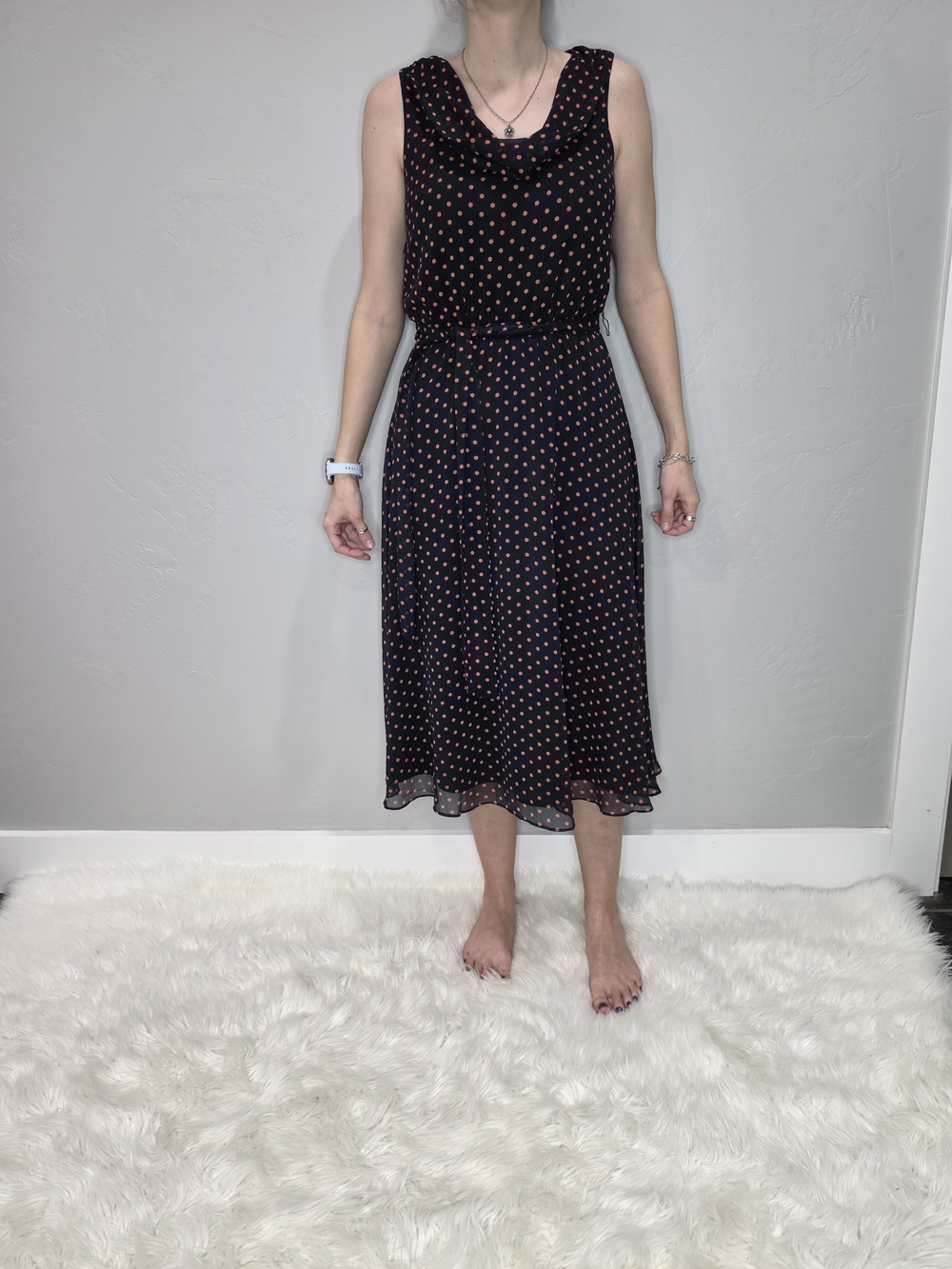 MSK Navy Midi Dress with Coral Polka Dots